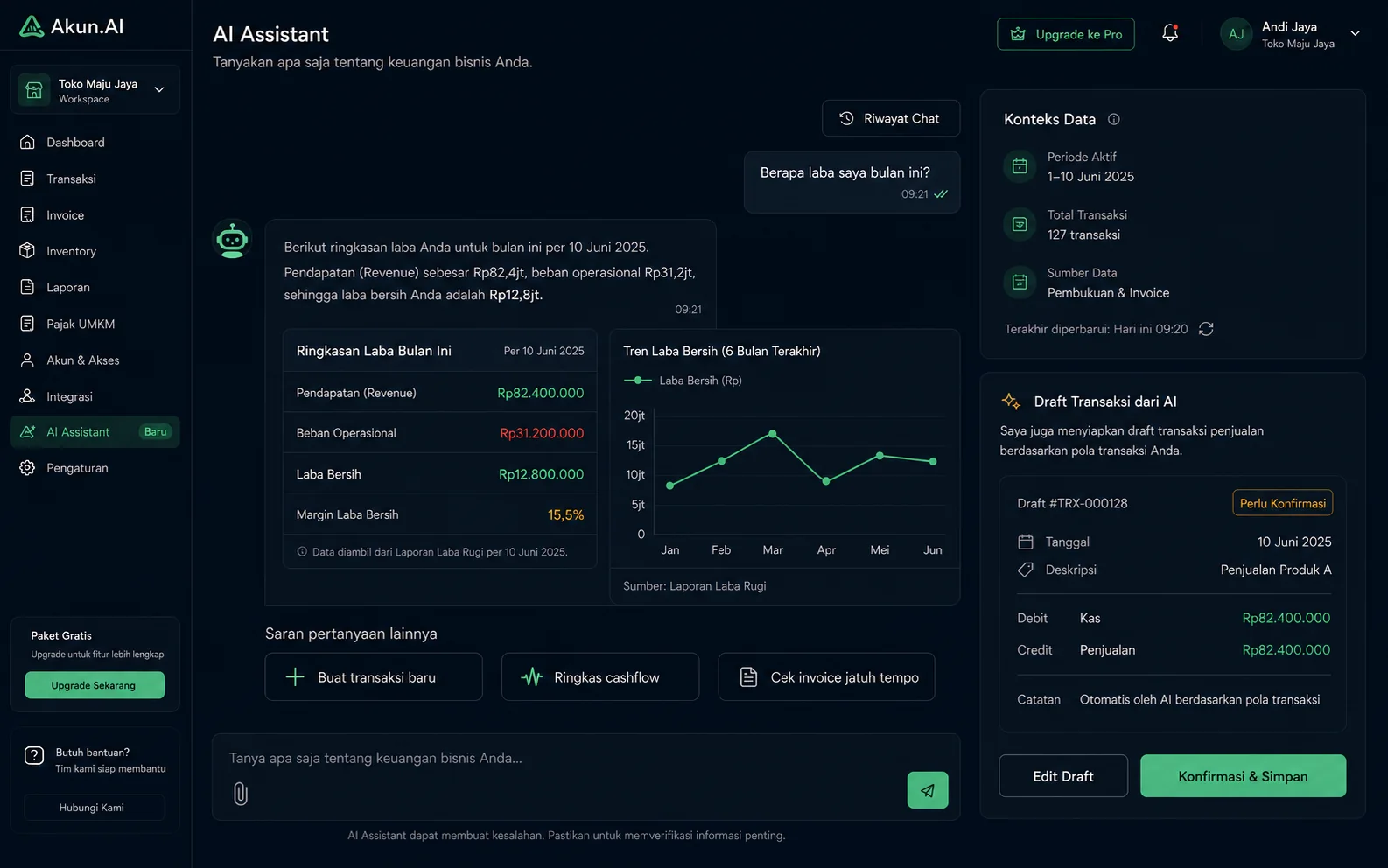 Akun.AI assistant answering a monthly profit question using workspace data and preparing a transaction draft for confirmation.