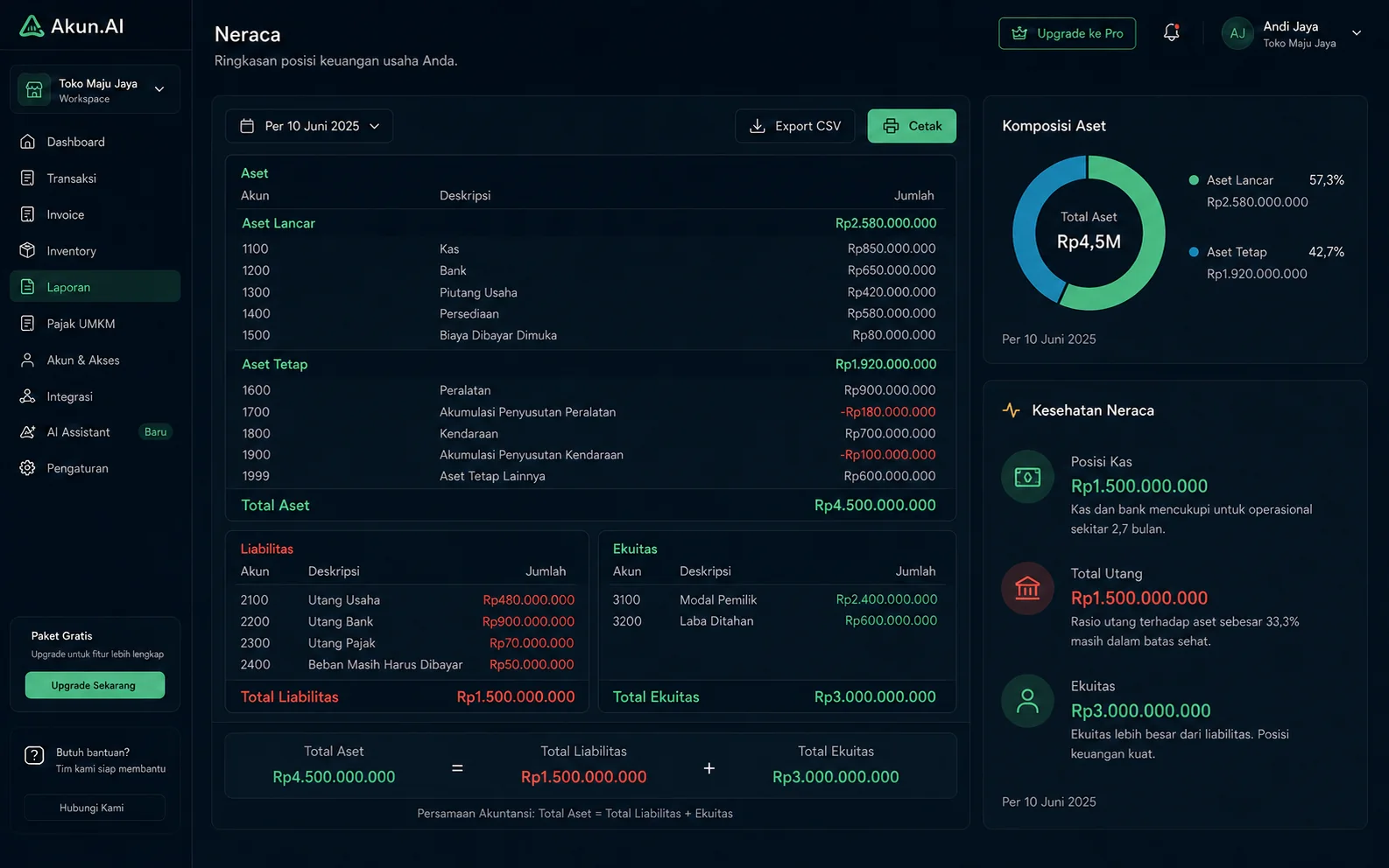 Akun.AI balance sheet showing assets, liabilities, equity composition, and financial health indicators.