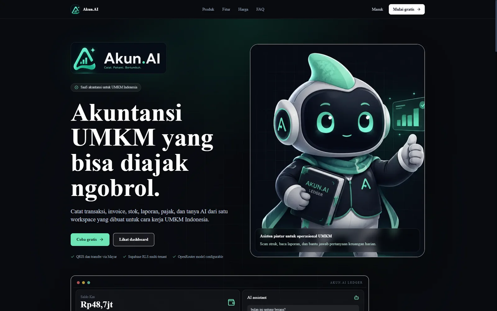Akun.AI landing page with accounting AI positioning for Indonesian businesses.