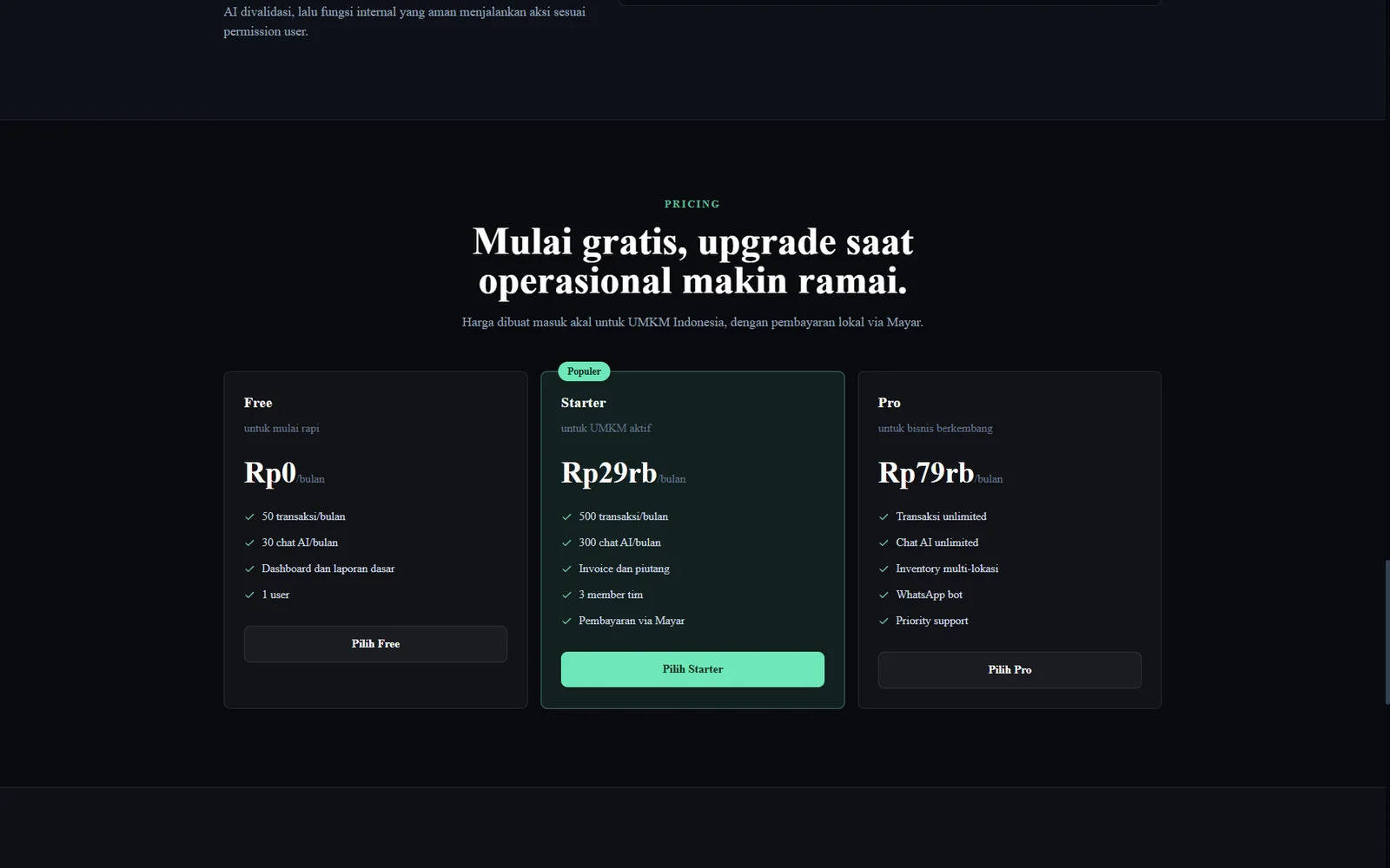 Akun.AI pricing section with Free, Starter, and Pro plans.