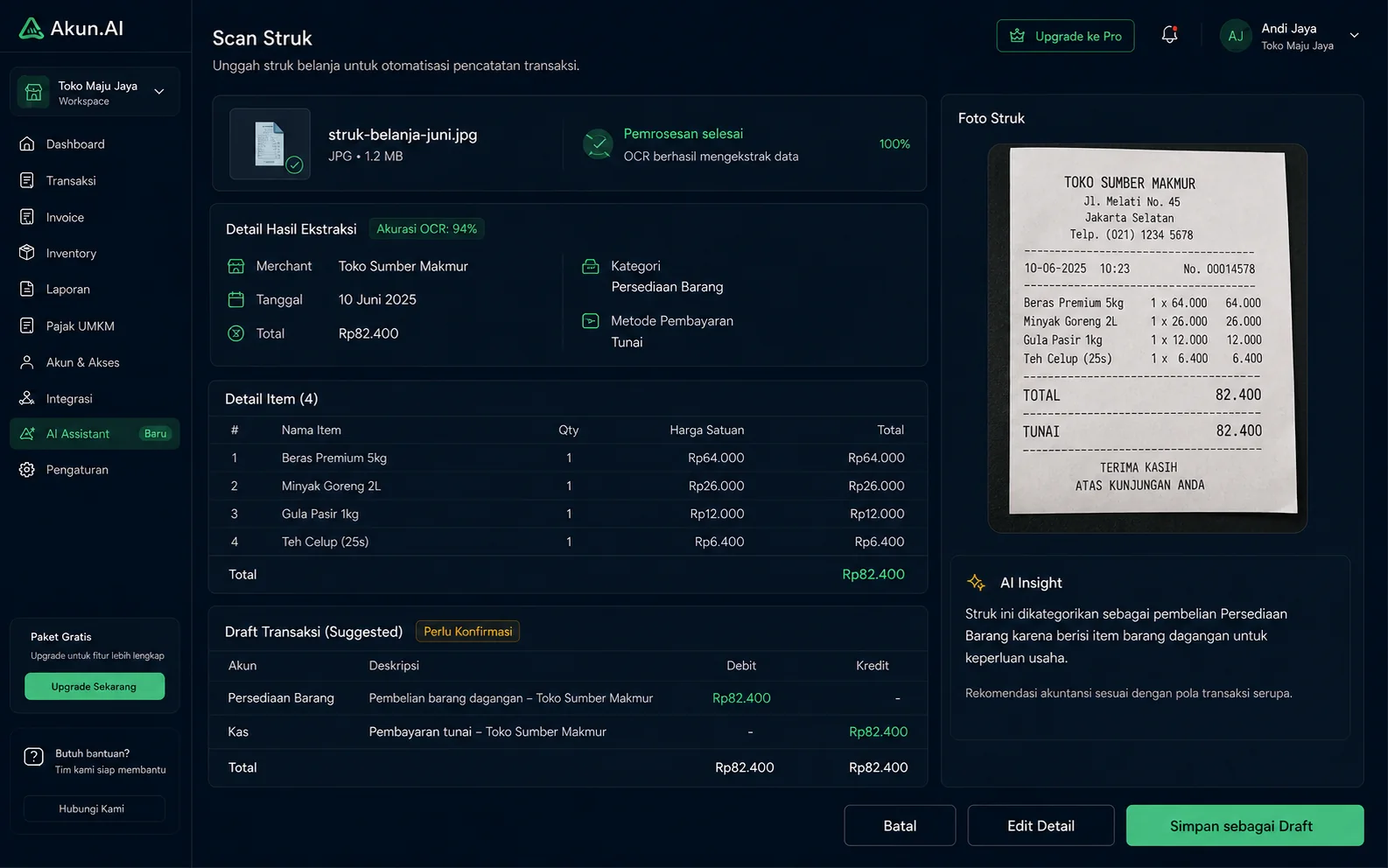 Akun.AI receipt scanning prototype with OCR extraction, item details, accounting category, and a draft journal entry.