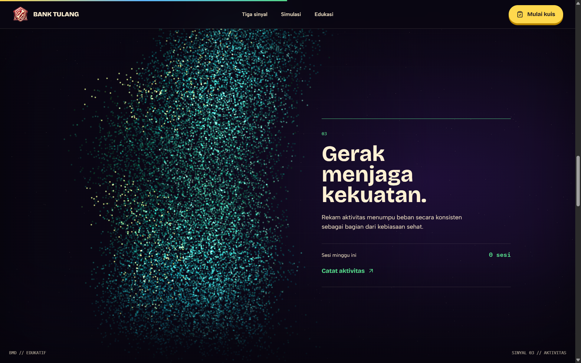 Bagian sinyal aktivitas Bank Tulang dengan bone scene partikel animatif dan jumlah sesi mingguan.