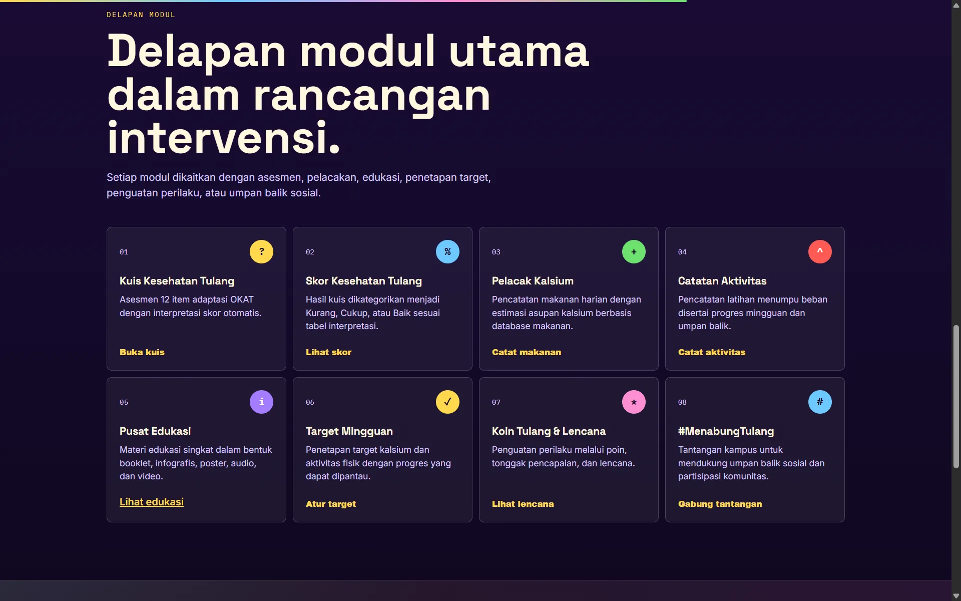 Bank Tulang eight intervention module cards for quiz, score, calcium tracking, activity notes, education, targets, gamification, and social challenge.