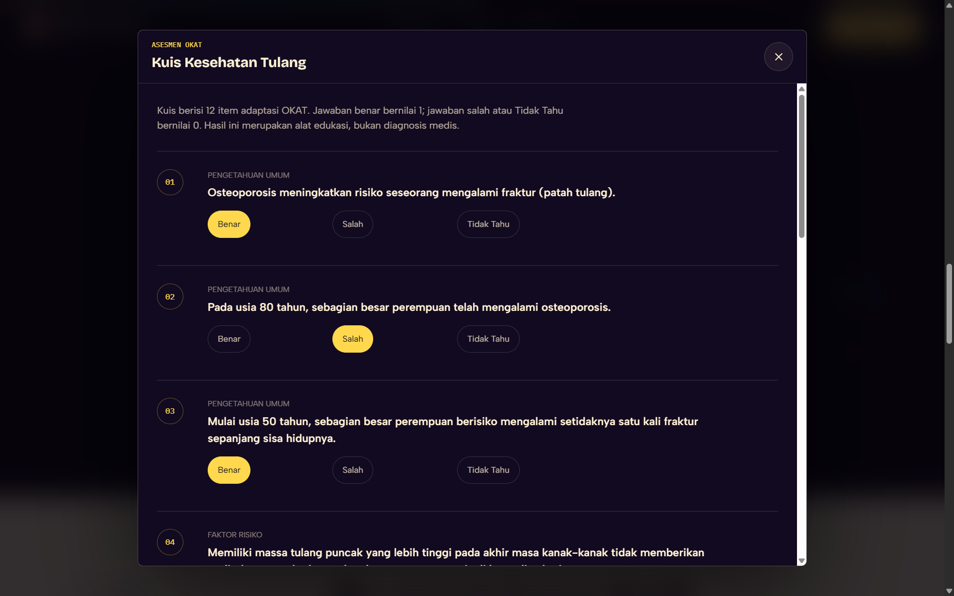 Asesmen adaptasi OKAT Bank Tulang dengan dua belas pertanyaan benar, salah, dan tidak tahu.