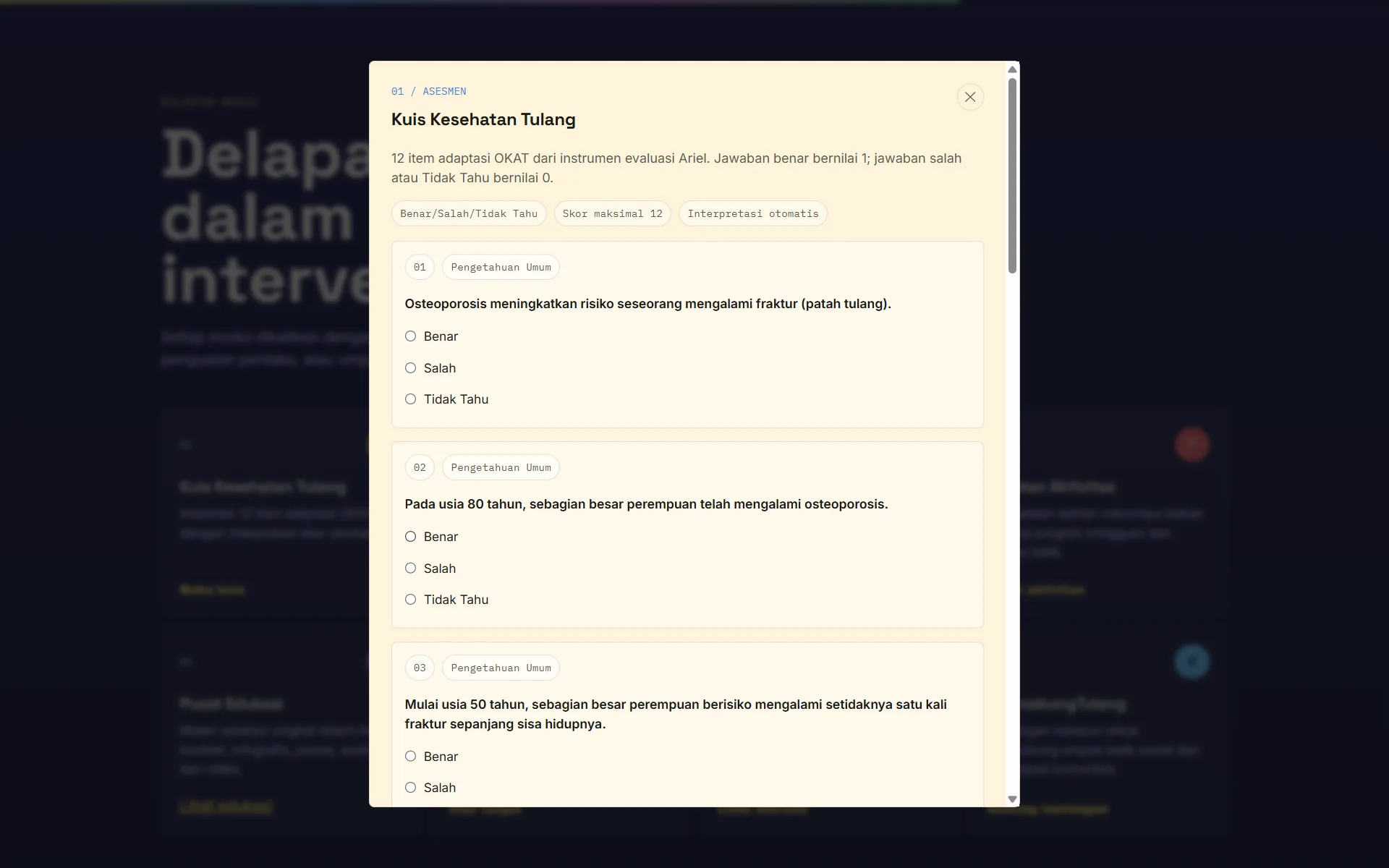 Bank Tulang quiz modal showing adapted OKAT questions with true, false, and don't know options.