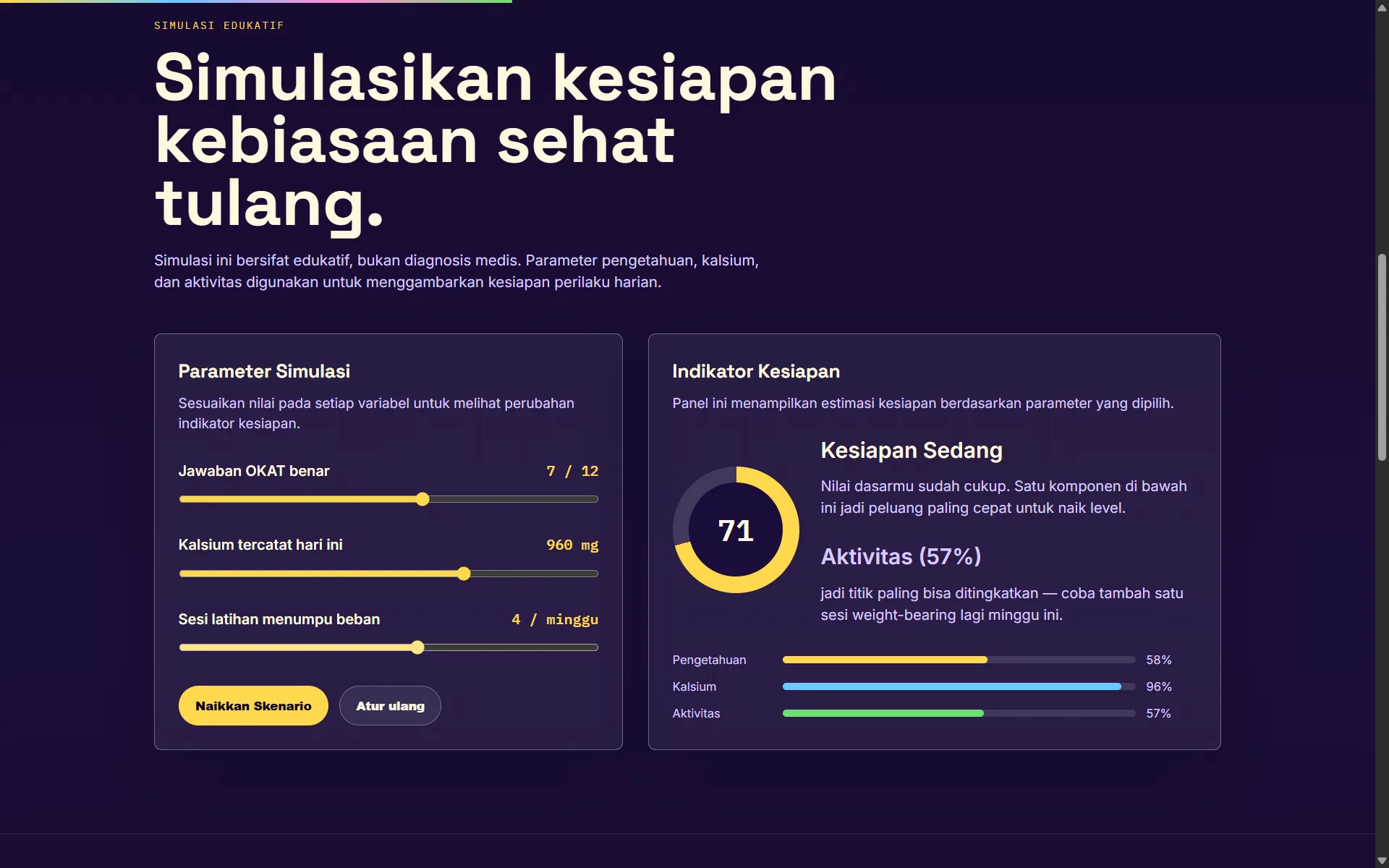 Bank Tulang readiness simulation with sliders for OKAT answers, calcium, activity, and readiness indicators.
