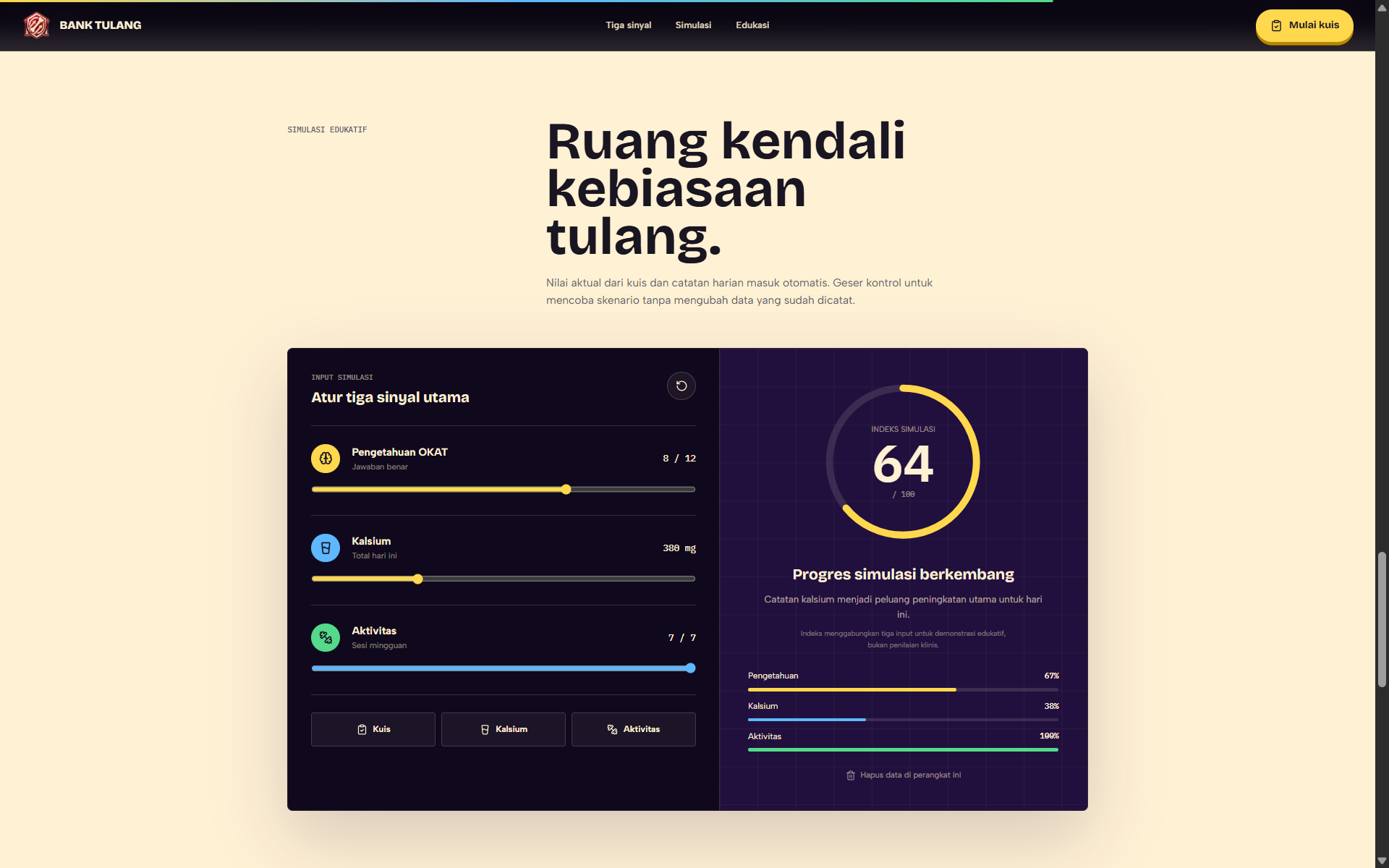 Simulator Bank Tulang dengan kontrol pengetahuan, kalsium, dan aktivitas serta indeks hasil perhitungan.