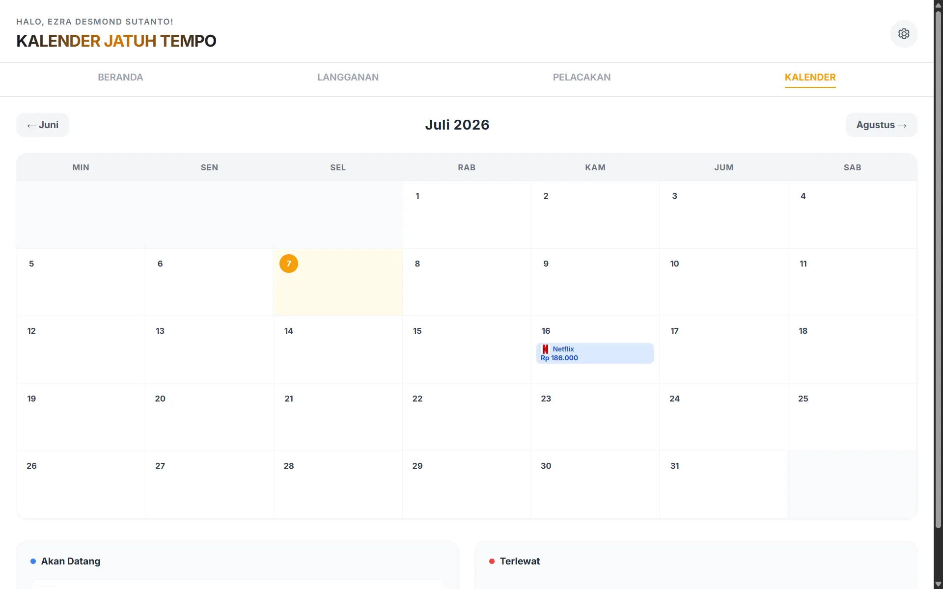 Kalender jatuh tempo Finance Tracker dengan tanggal pembayaran subscription.