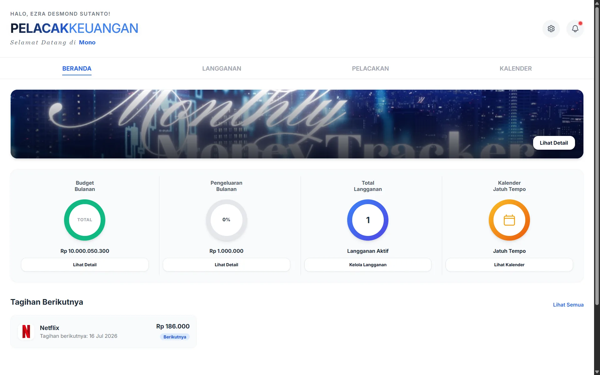 Dashboard Finance Tracker dengan budget, pengeluaran, subscription, kalender jatuh tempo, dan tagihan berikutnya.