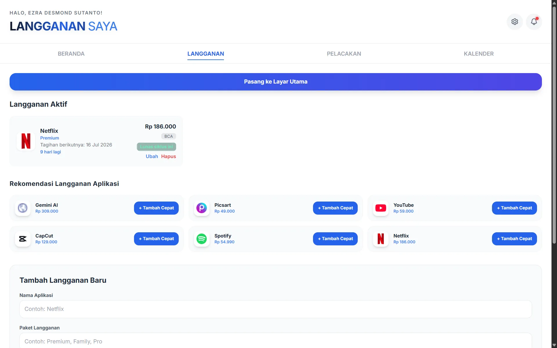Halaman manajemen subscription Finance Tracker.