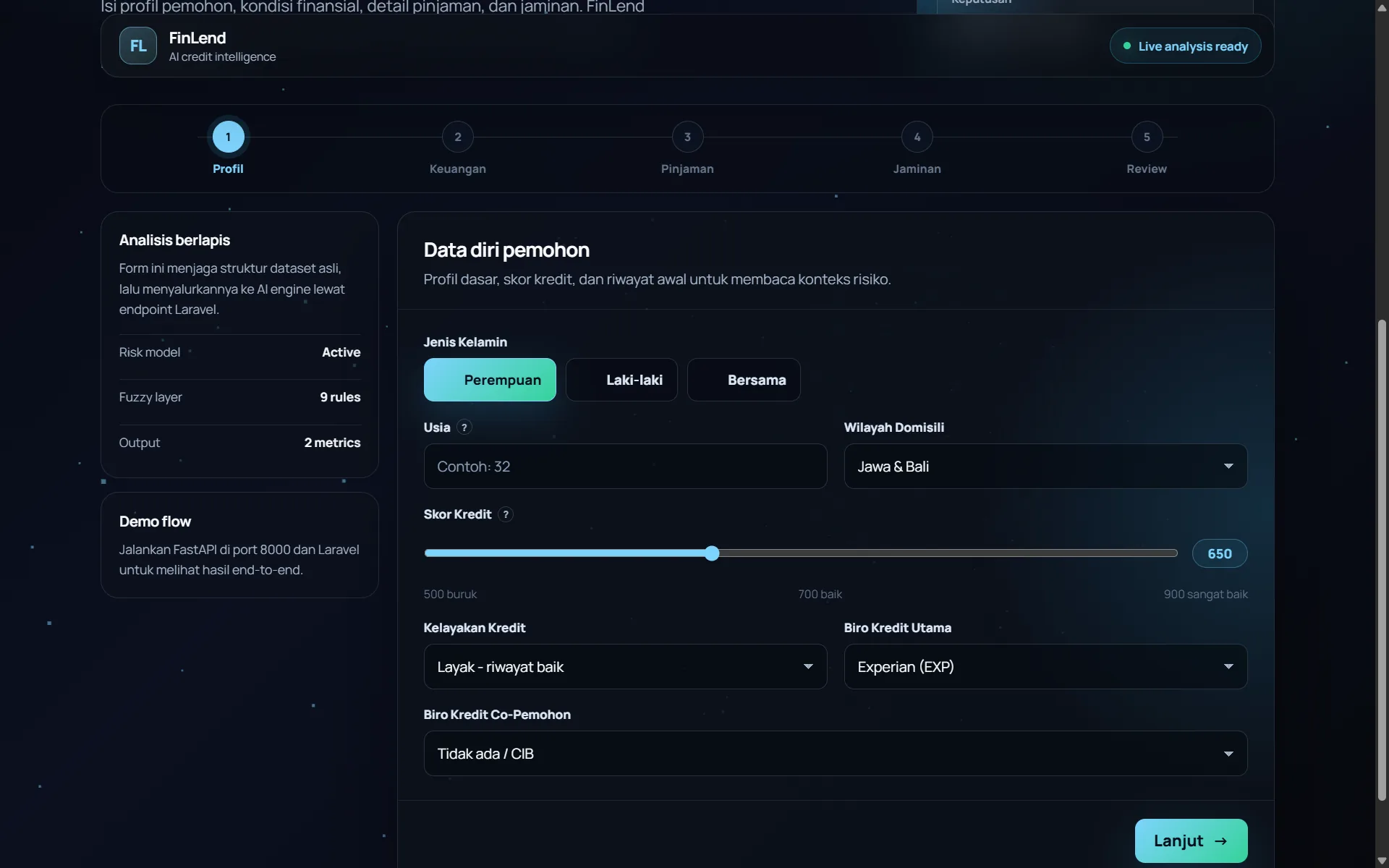 FinLend applicant profile form with layered credit analysis notes and active risk model indicators.