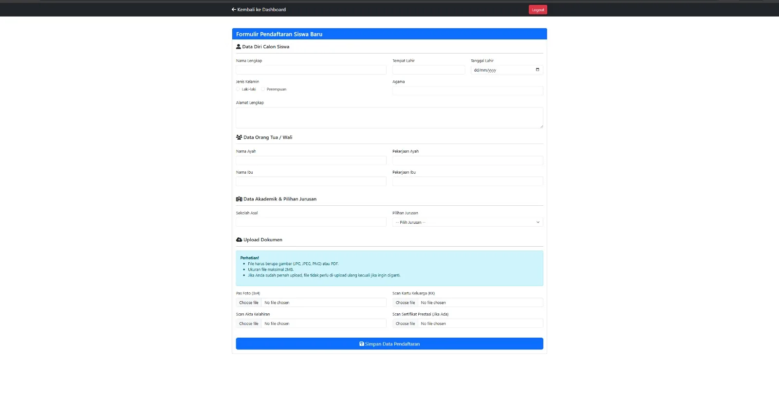 PPDB school admissions registration form with student, parent, academic, and document upload sections.