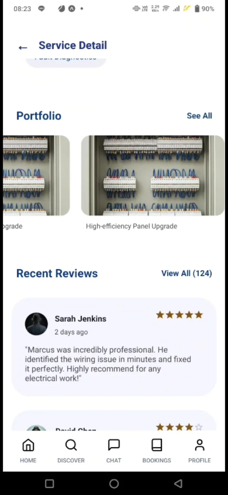 Servisin service detail screen with portfolio and recent reviews.