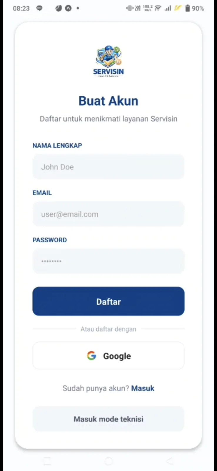 Servisin mobile sign-up screen with Google sign-in and technician mode entry.