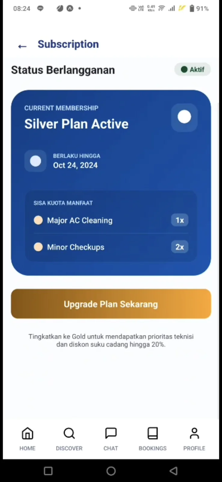 Servisin subscription screen with active silver plan and remaining benefits.