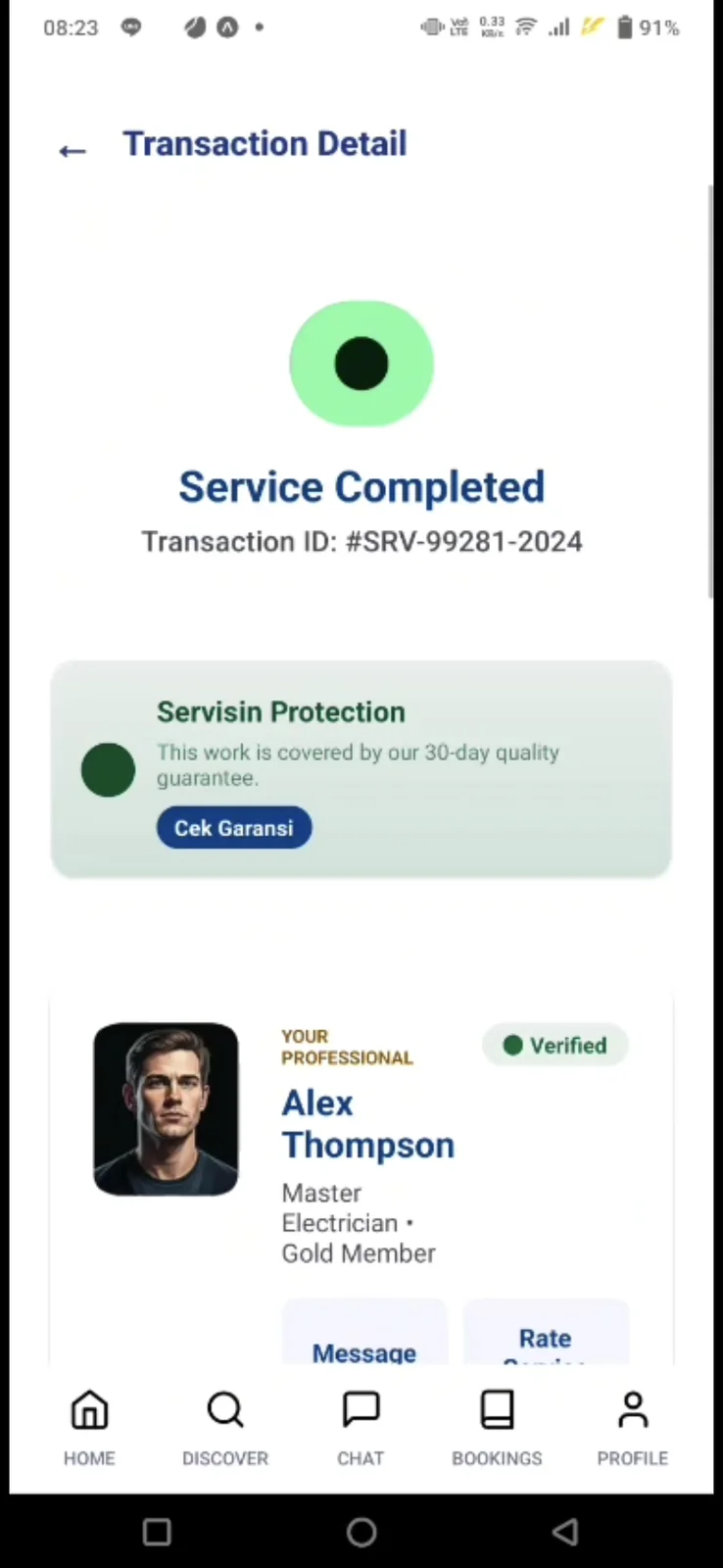 Servisin transaction detail screen with completed service and technician card.