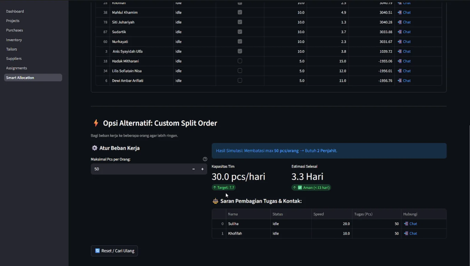 Tailor custom split order simulation with capacity, estimated completion, and task split table.