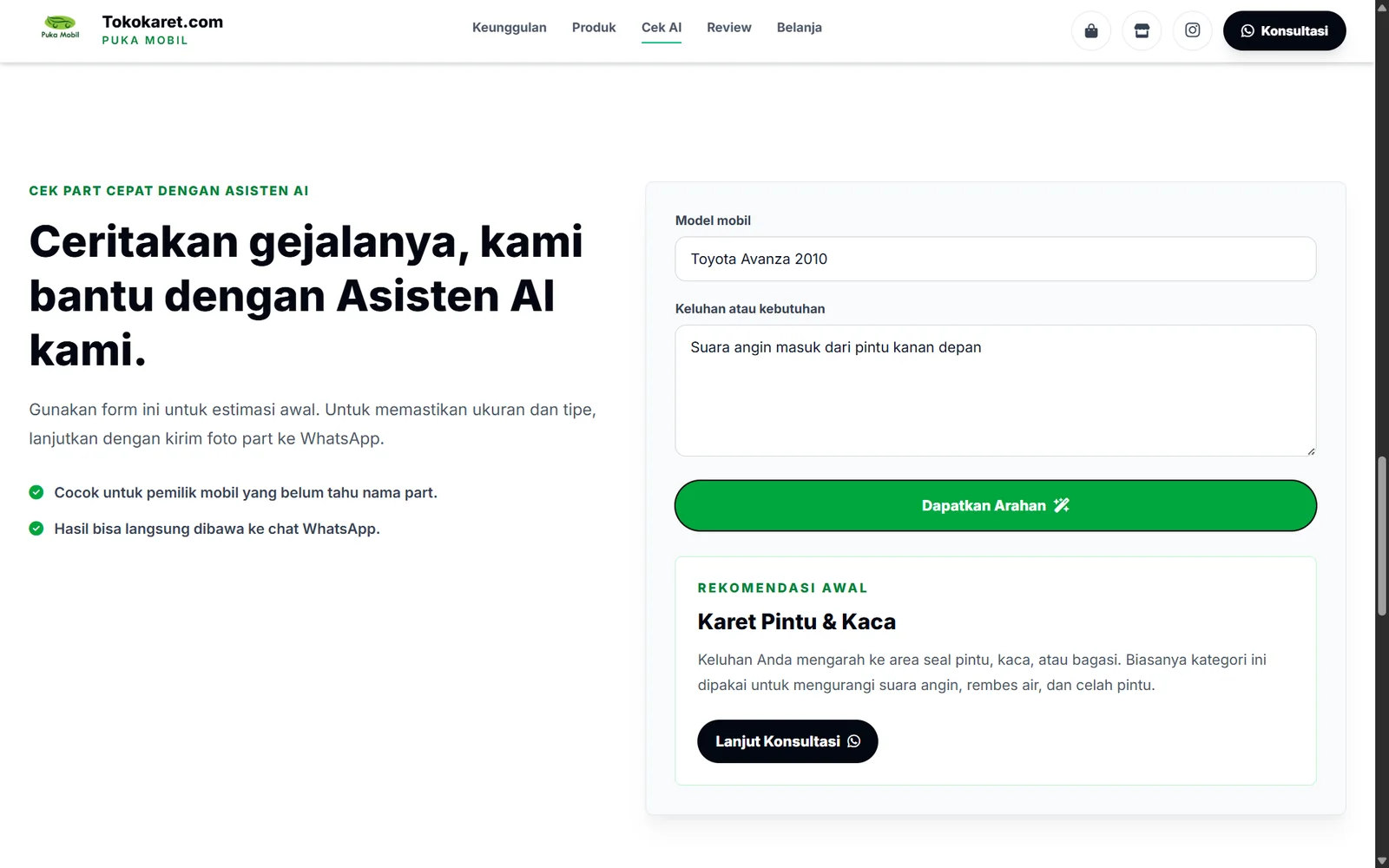 TokoKaret.com AI assistant form for car model and product symptom intake.