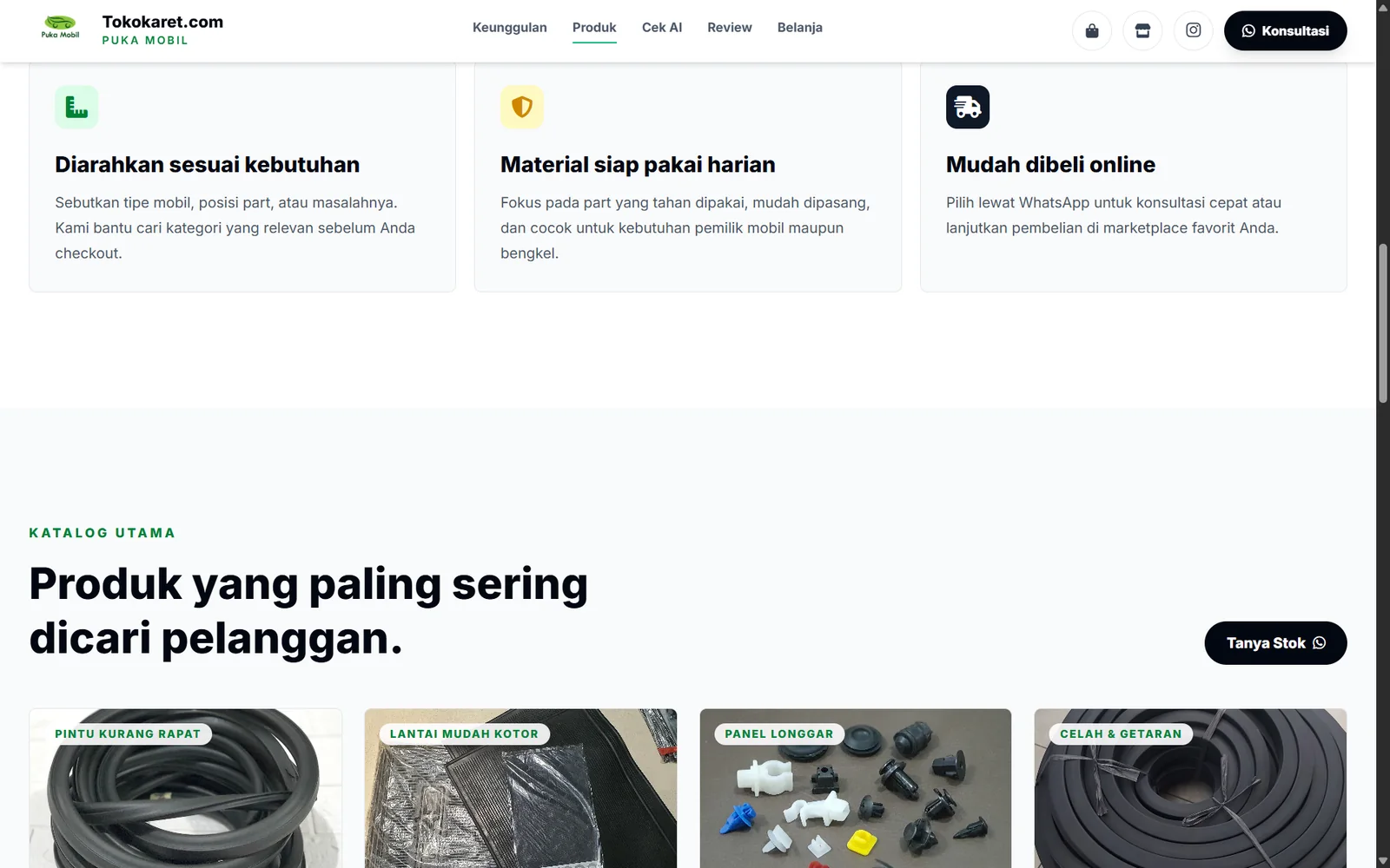 TokoKaret.com product section showing commonly searched rubber parts.