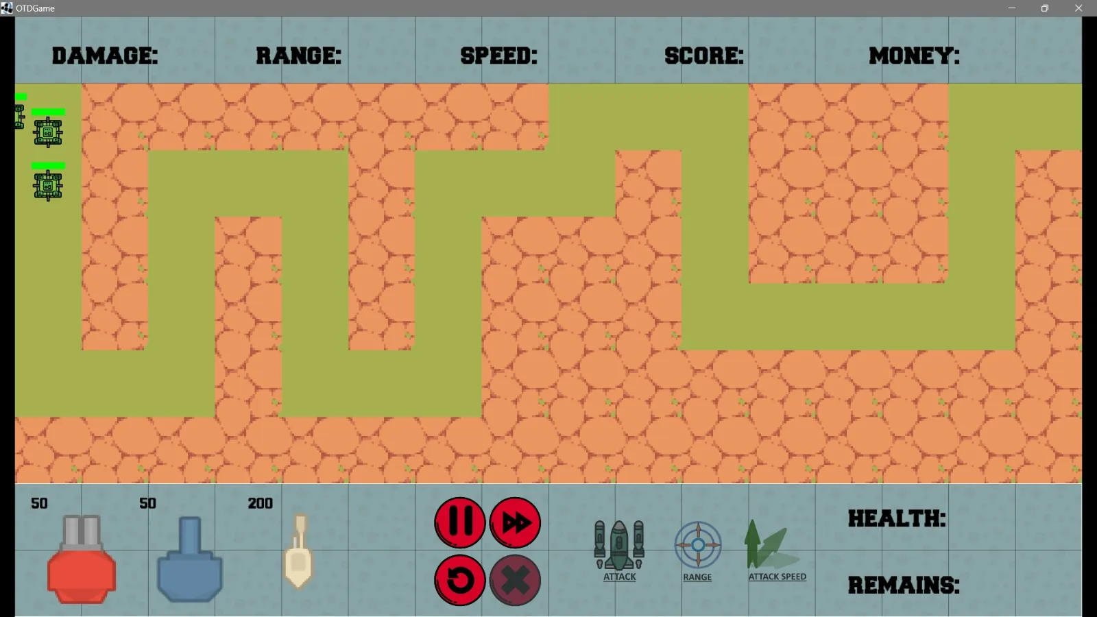 Tower defense game map with UI controls and tower purchase options.