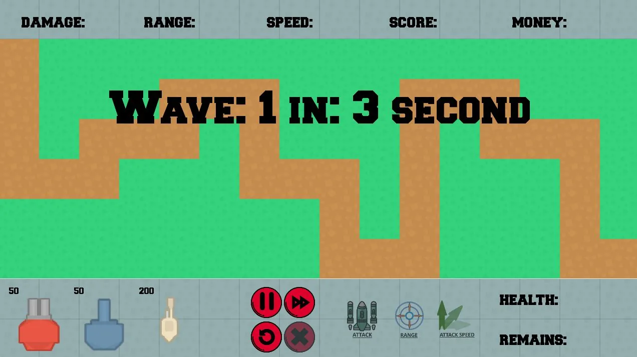 Tower defense game wave countdown screen.