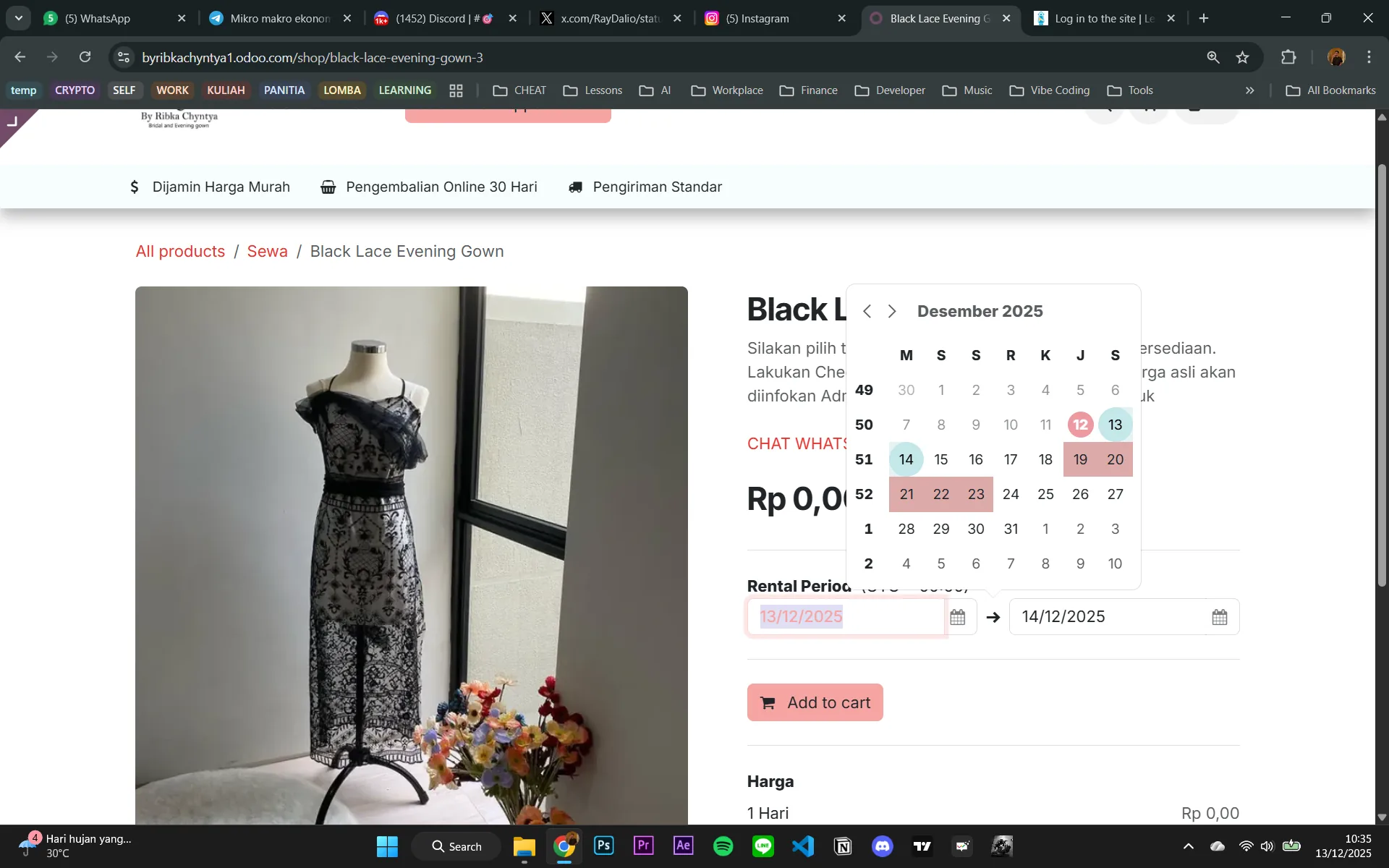 Wedding dress rental product page with date-range booking calendar.