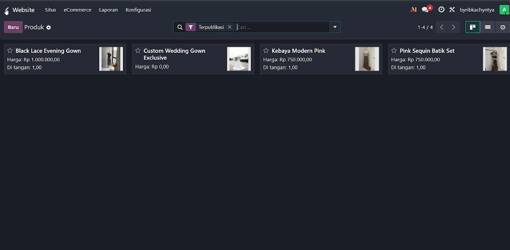 Odoo backend product list for wedding dress rental inventory.